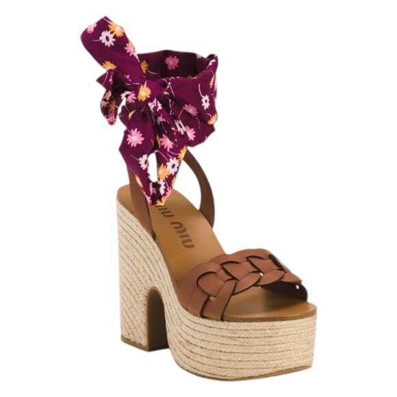 MIU MIU Made In Italy Patent Leather Natural Espadrille Heeled Sandals - Picture 1 of 3
